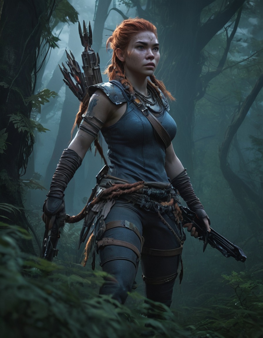 forest, dark, overgrown, aloy, video game character, games