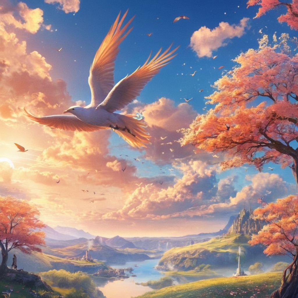 digitalart, sky, dreamup, anime, digitalpainting, wallpaper, characterdesign, bird, pixelart, heaven, ai_art