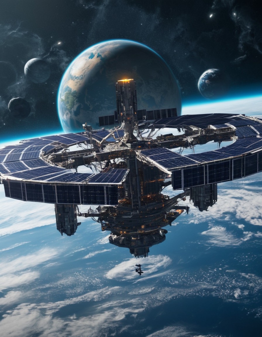 space station, orbit, earth, solar panels, teleportation pad, future