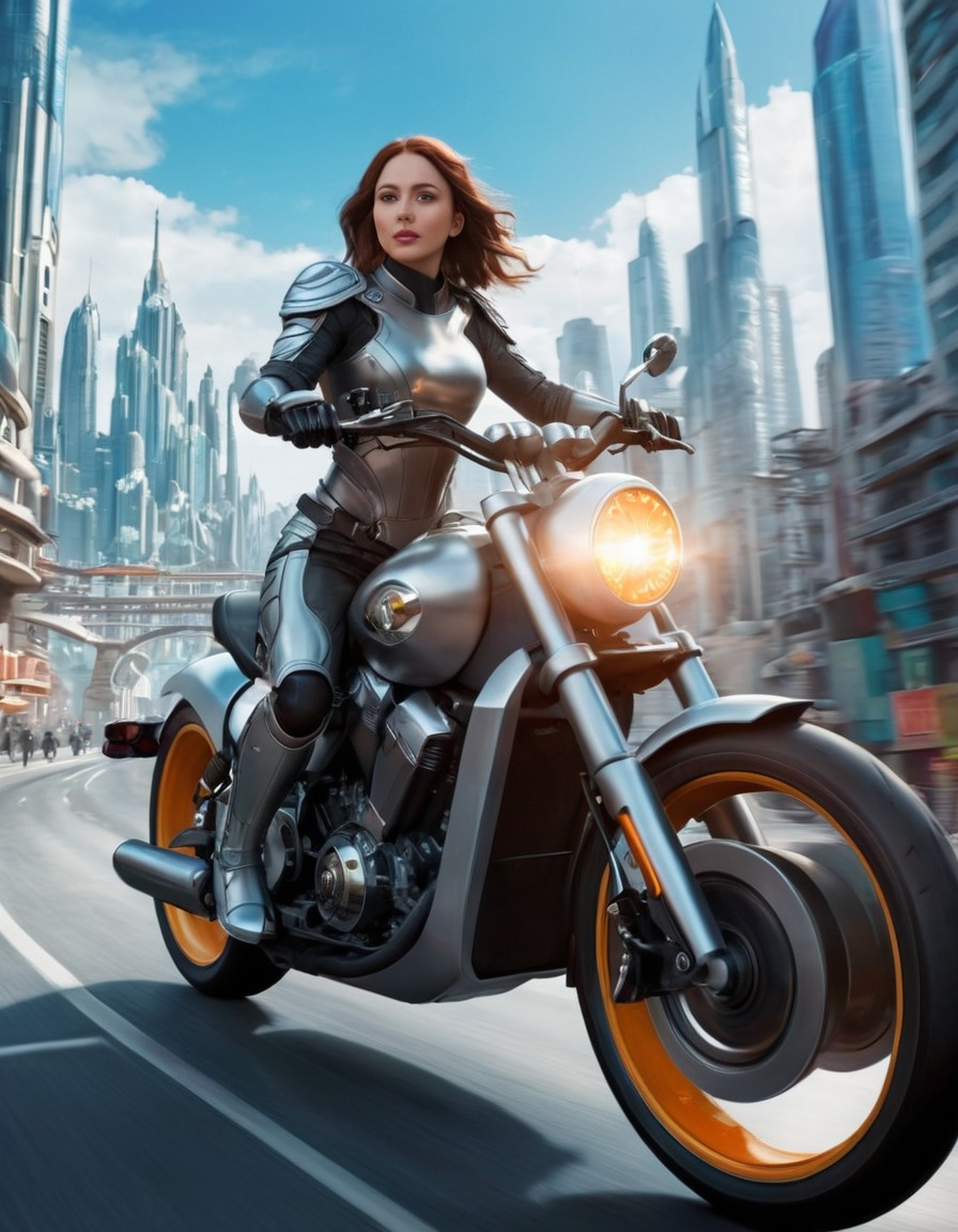 joan of arc, motorcycle, futuristic, cityscape, fantasy, historical figure