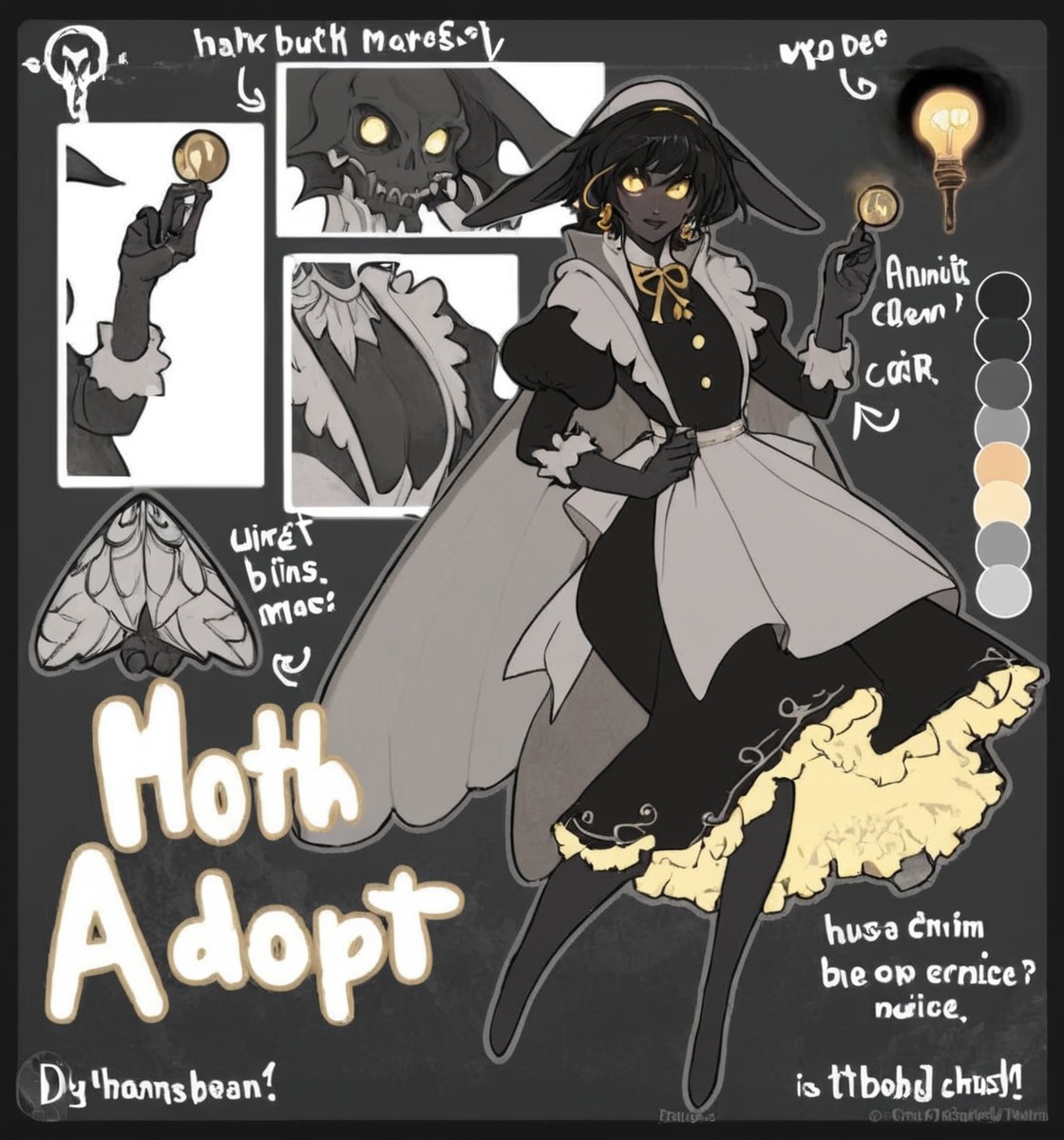 characterconcept, originalcharacter, adoptableauction, characterdesign, adoptablesopen, adoptable, adop, adoptables, bug, character, colorpalette, cute, design, dnd, dungeonsanddragons, eyes, fantasy, goth, humanoid, maid, monstergirl, moth, original, refsheet, ttrpg, wings, character_design, moth_girl, moth_wings