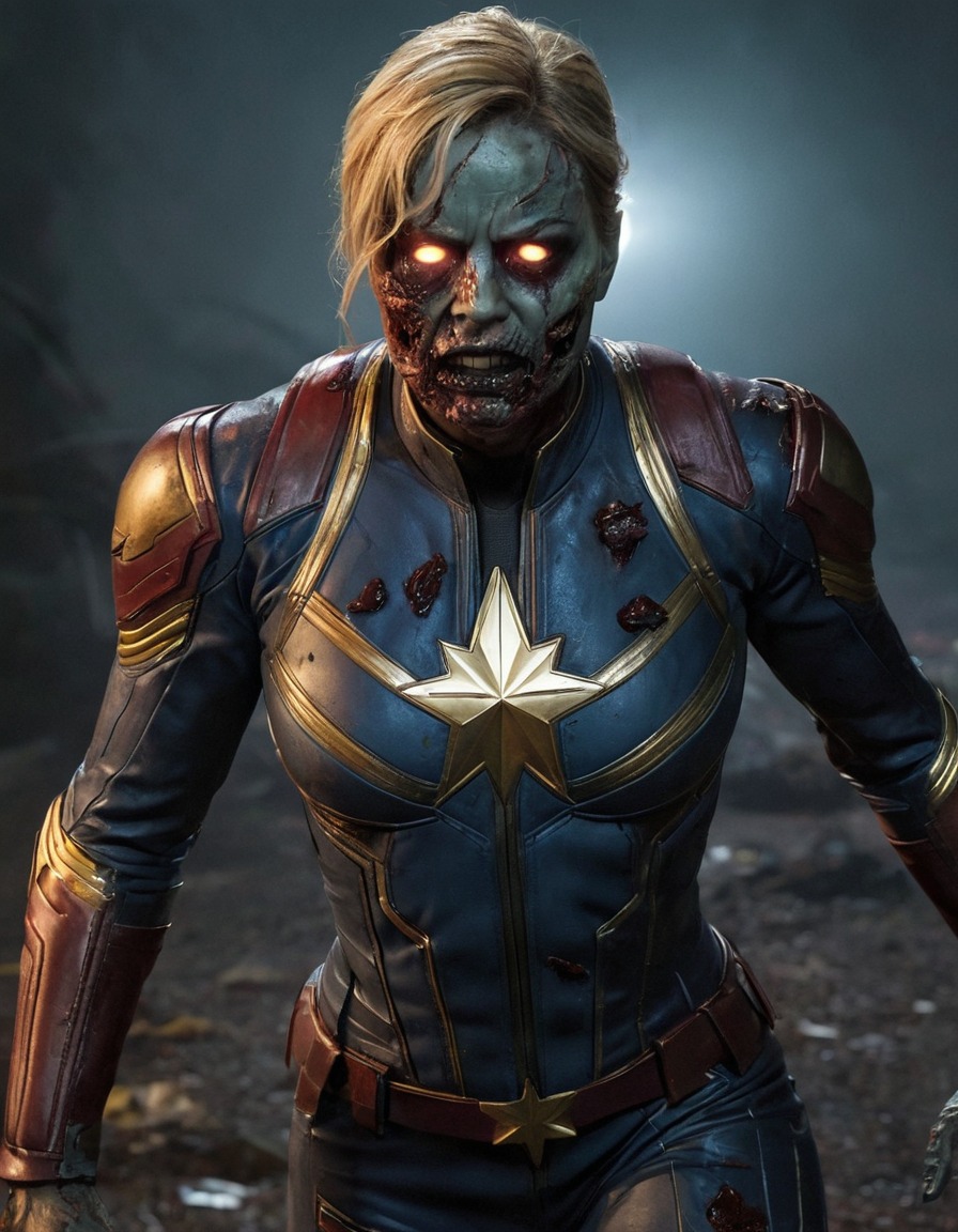 captain marvel, zombie, tattered costume, glowing eyes, superhero, marvel