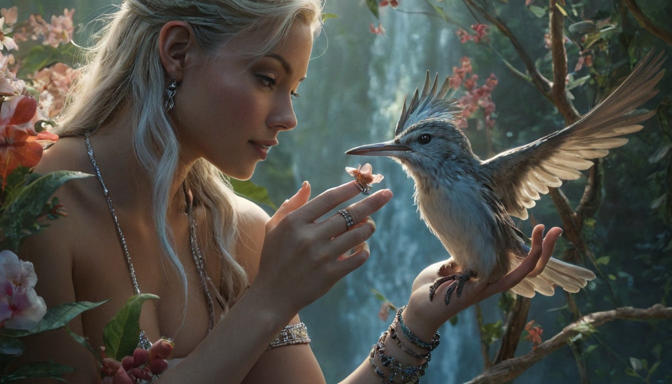 magic, fantasyart, fairy, dreamup, blonde, blossom, hand, kolibri, tiara, waterfall