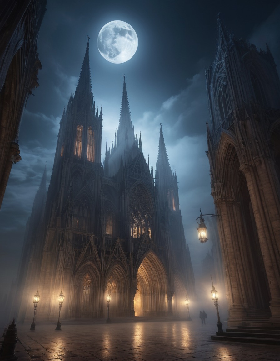 architecture, gothic, cathedral, mist, moonlight, night landscape