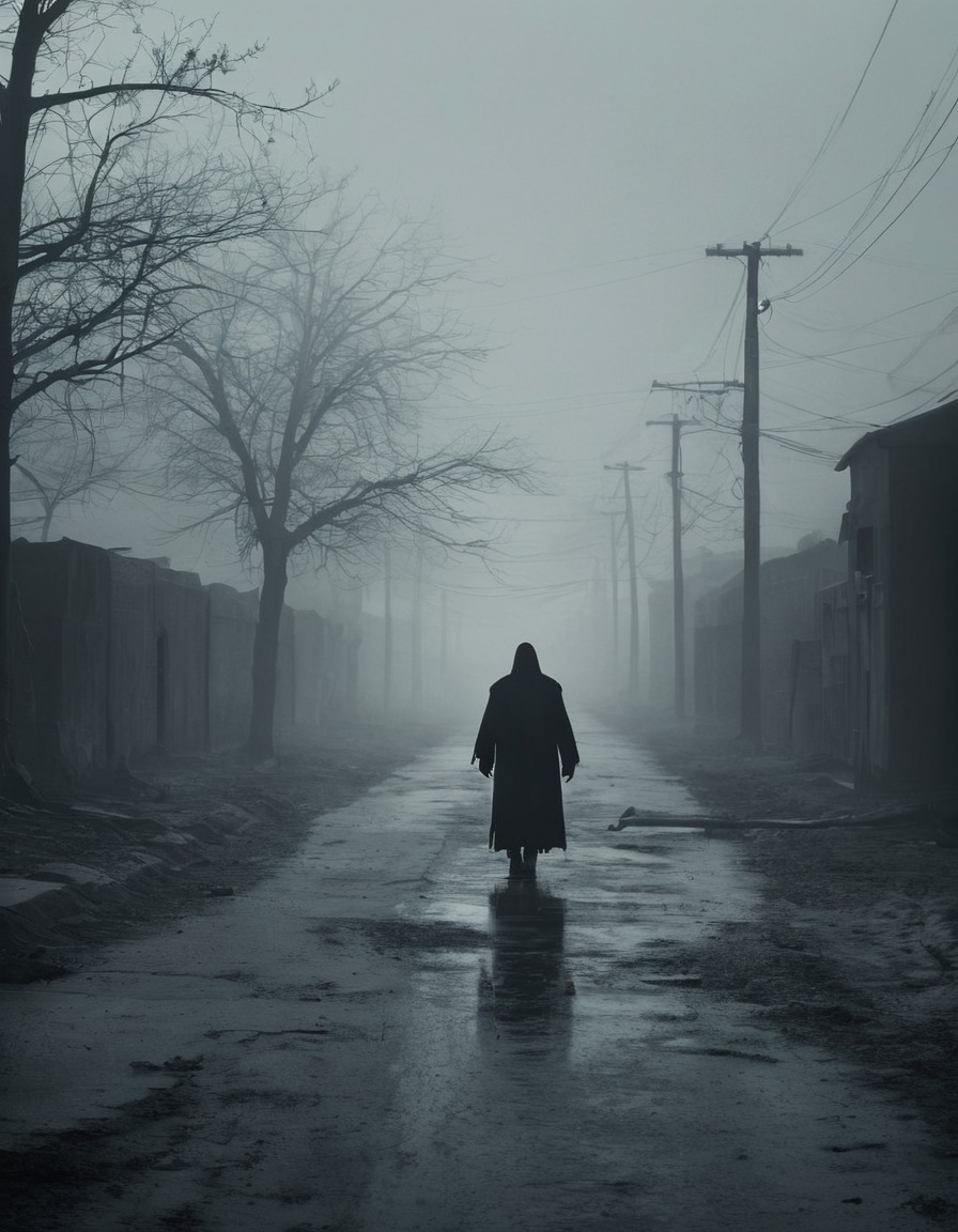 mysterious, foggy, desolate street, creepy, ominous, lone figure, silhouette, gothic, underground, dark