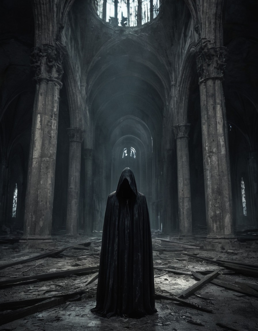 mysterious figure, darkness, abandoned cathedral, solitude, gothic, underground, dark