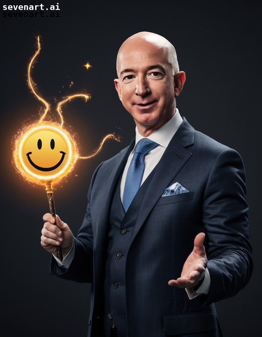 Jeff Bezos in a superhero costume, flying through the city with a giant ...