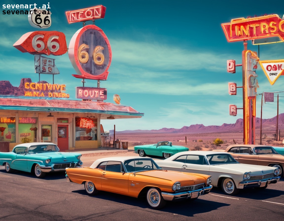 vintage cars, route 66, neon signs, diners, scenic drive, usa