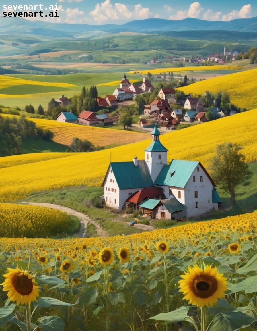 ukrainian landscape, rolling hills, sunflower fields, charming villages, natural beauty, ukraine, ukrainians