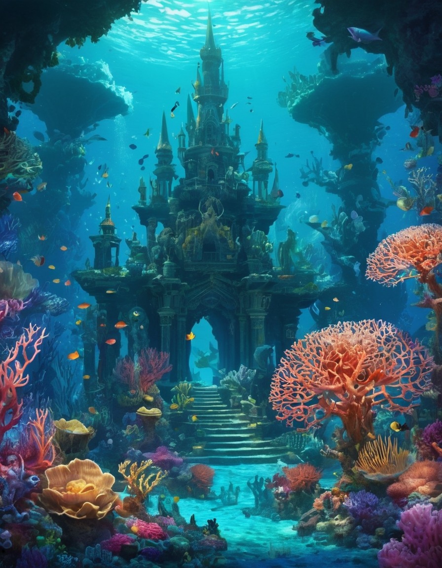 underwater, kingdom, merfolk, coral structures, jewels, fantastic