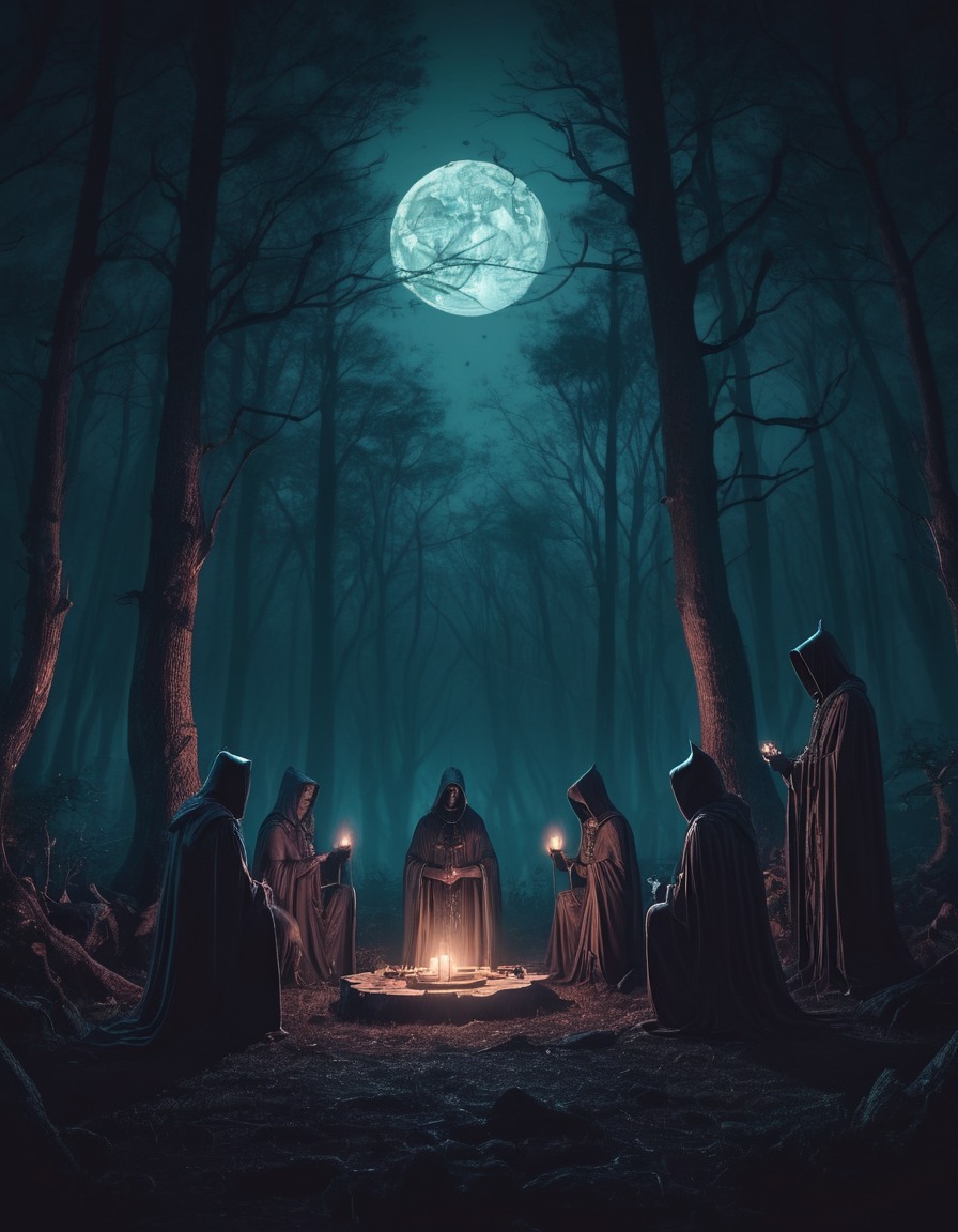 moonlit, ritual, hidden forest, sinister, figures, lovecraft, howard lovecraft