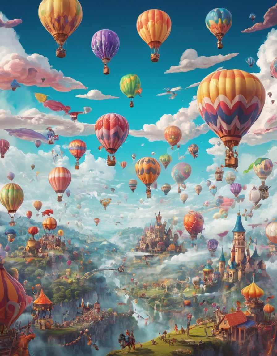 fantasy, hot air balloons, festival, sky, creatures, fantastic