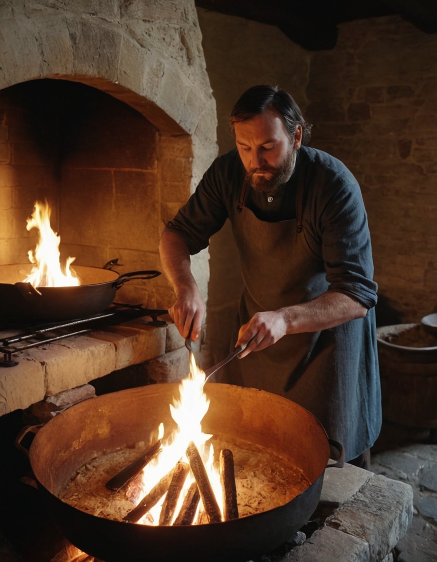 ancient cook, meal preparation, large hearth, medieval england, 1300 ad