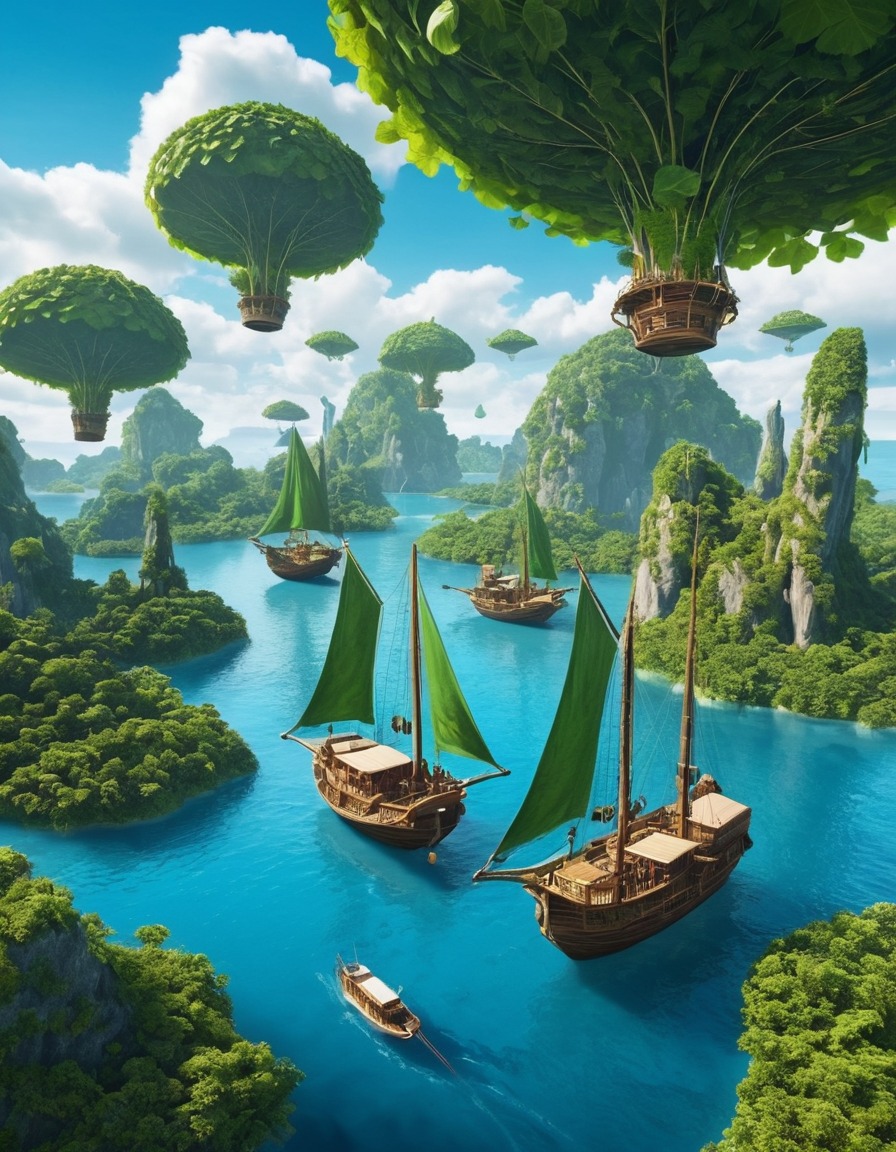 sailing ships, giant leaves, sky, floating islands, fantasy, fantastic