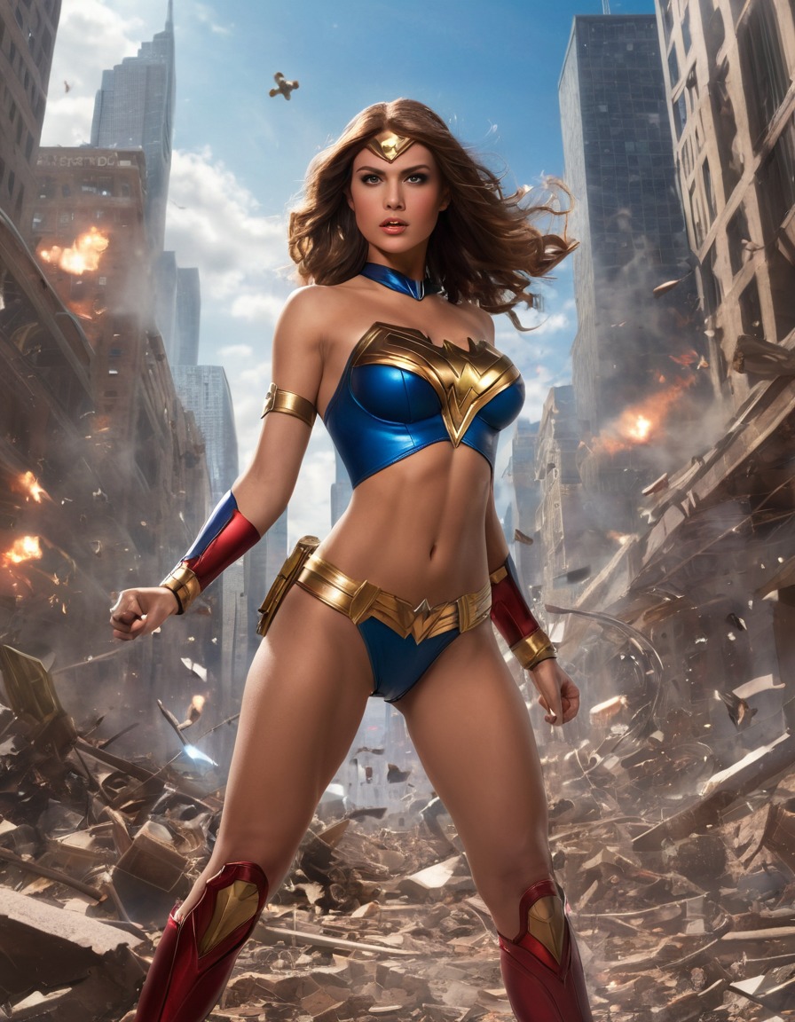 superhero, cityscape, whirlwind, debris, energy, superheroine, nsfw, sexy