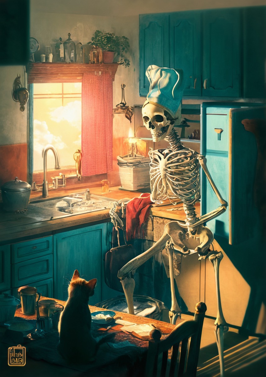 breakfast, cat, cooked, eggs, kitchen, lofi, skeleton, spooky