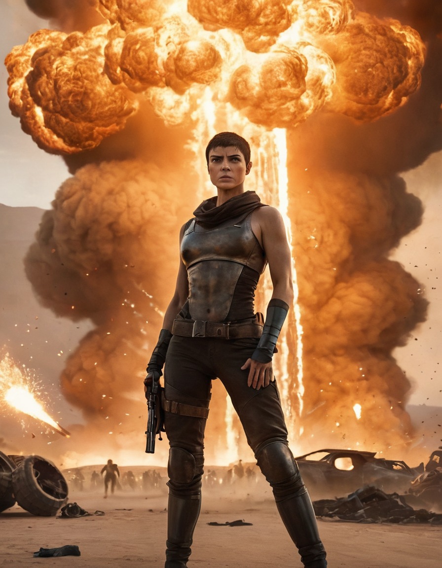 furiosa, strong female character, action movie, explosions, chaos, mad max