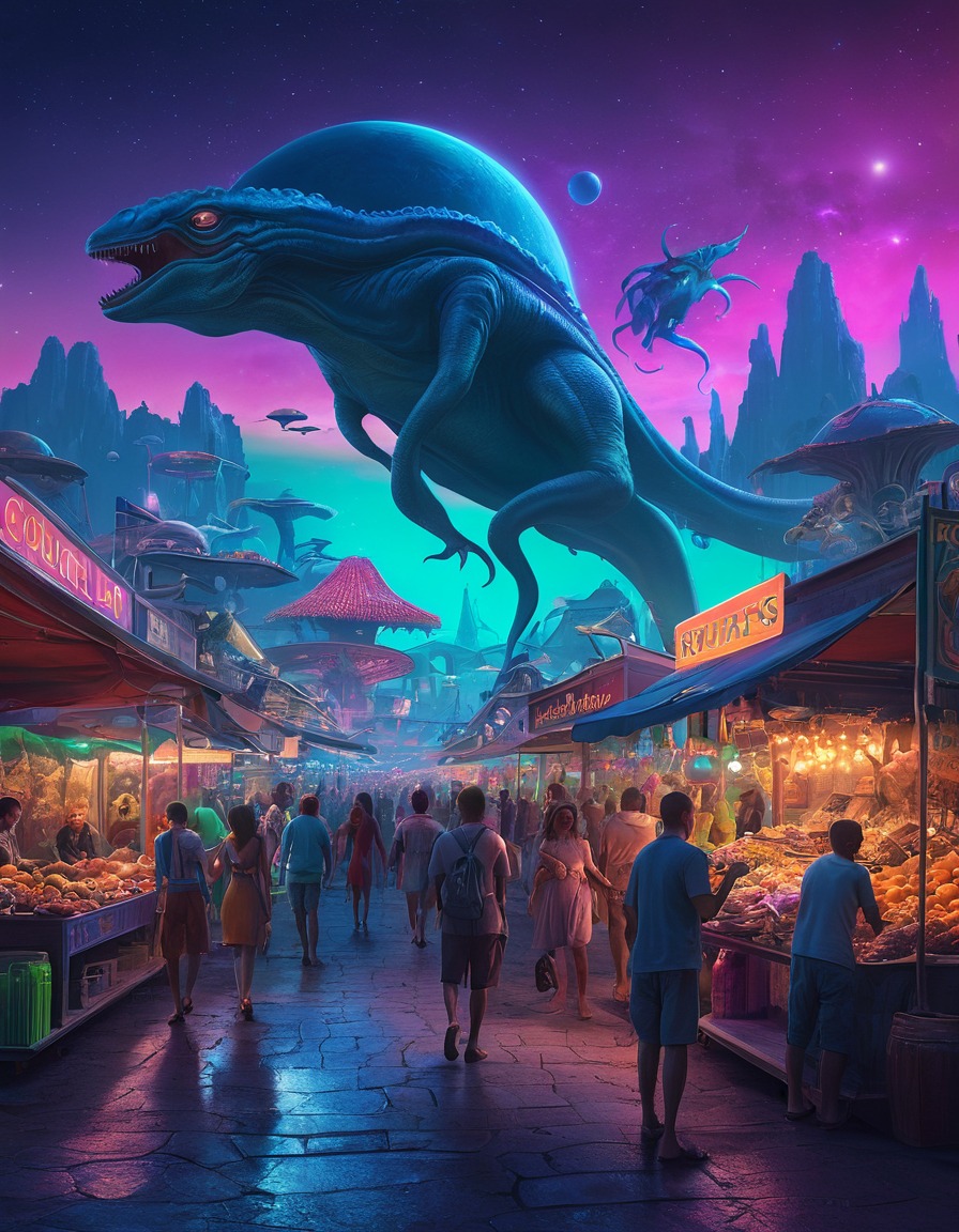 surreal, alien, marketplace, creatures, exotic goods, neon-lit sky, extraterrestrial, aliens