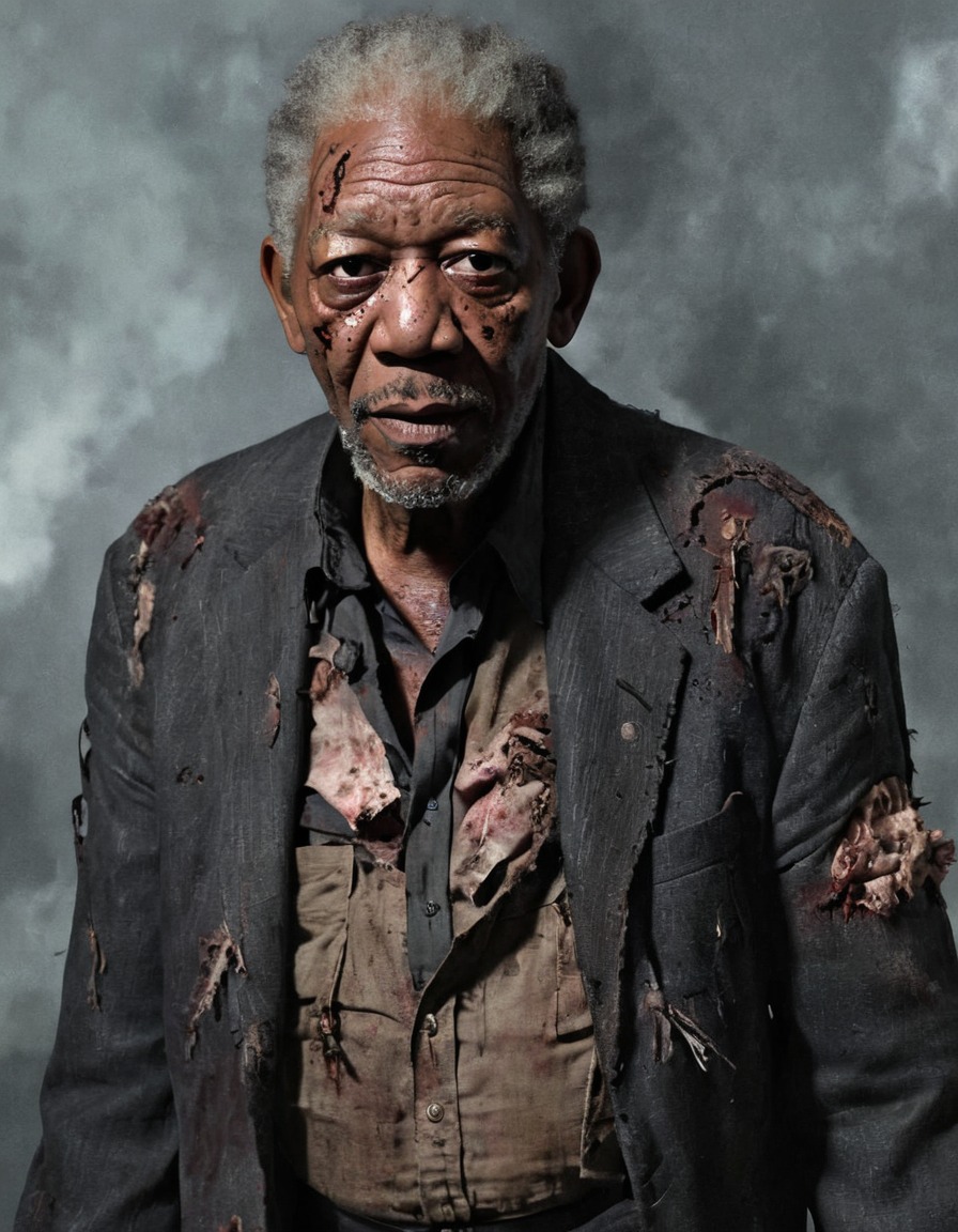 zombie, morgan freeman, decaying skin, glowing eye, tattered clothes, celebrities