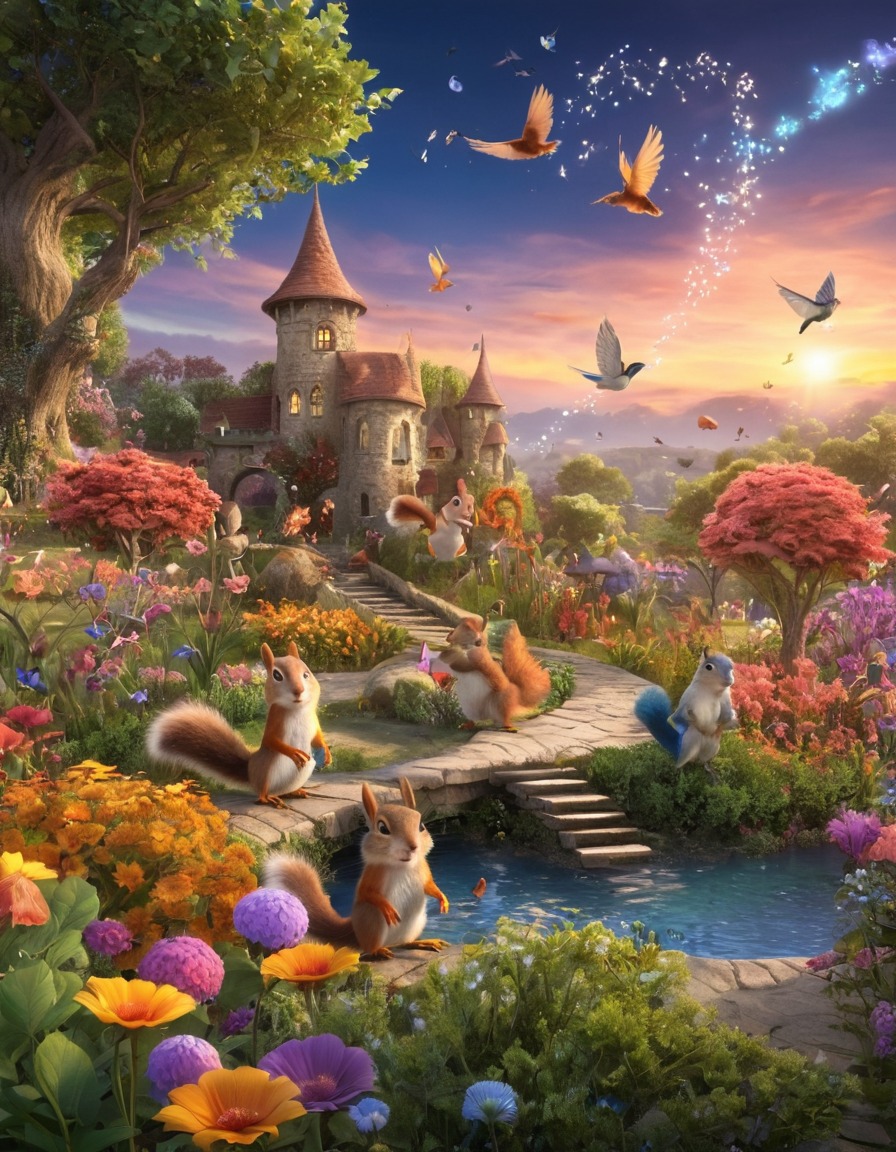 magical garden, singing birds, dancing squirrels, color-changing flowers, fantasy, whimsical, fantastic