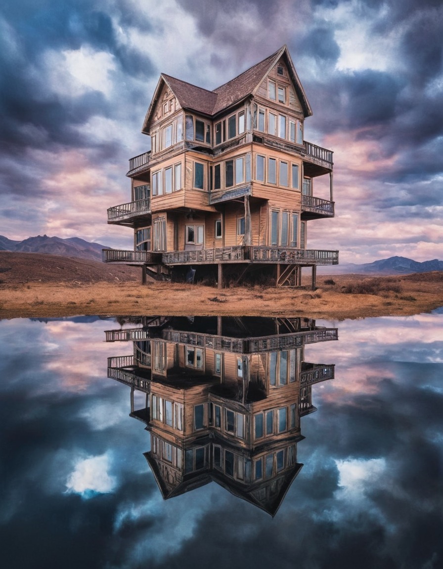 mirrored house, reflection, infinity, illusion, surreal