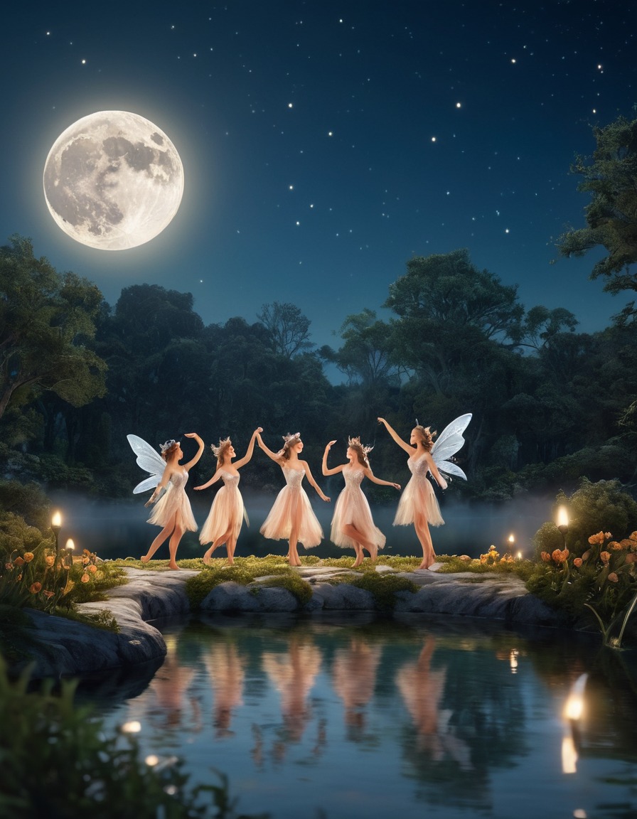 fairies, dancing, pond, full moon, mystical, magical