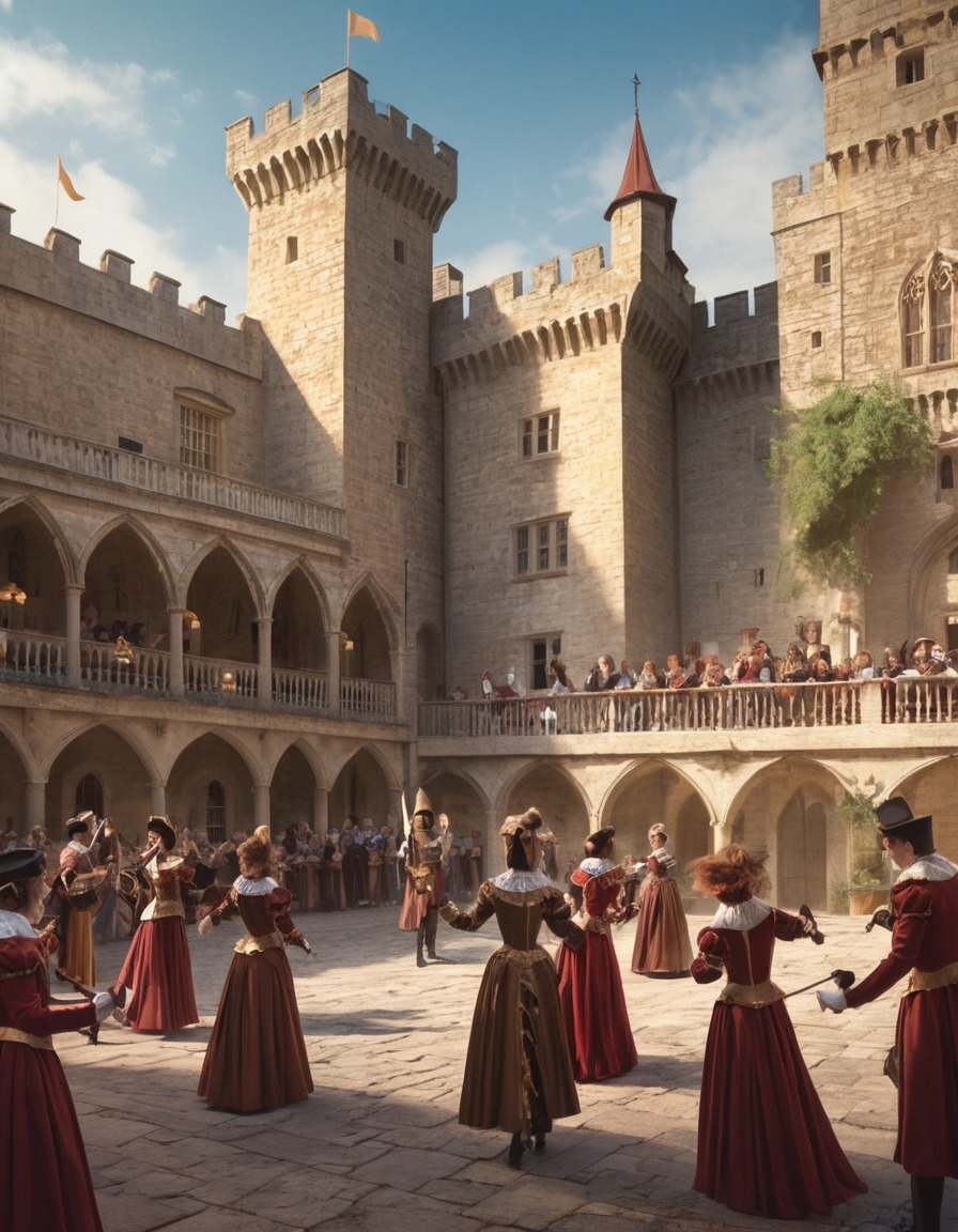 castle, minstrels, performance, entertainment, medieval, middle ages