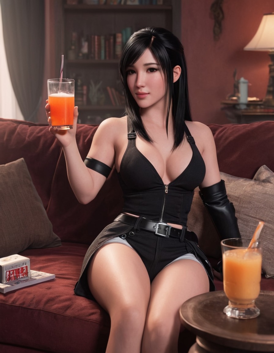 tifa lockhart, final fantasy, relaxing, living room, drink, games, girls from games