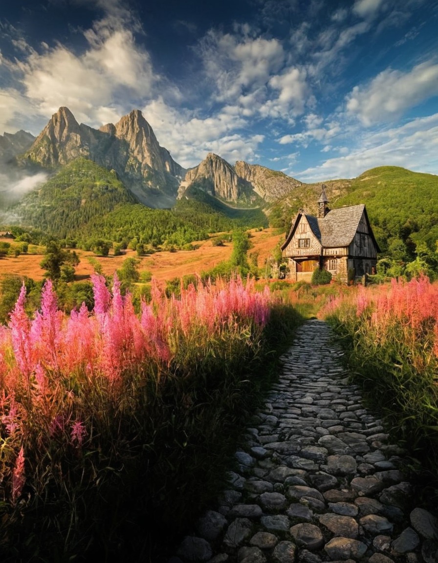 poland, landscape, mountain, cottage, pink flowers, wild flowers, path, nature, flowers, beautiful, petitworld favs