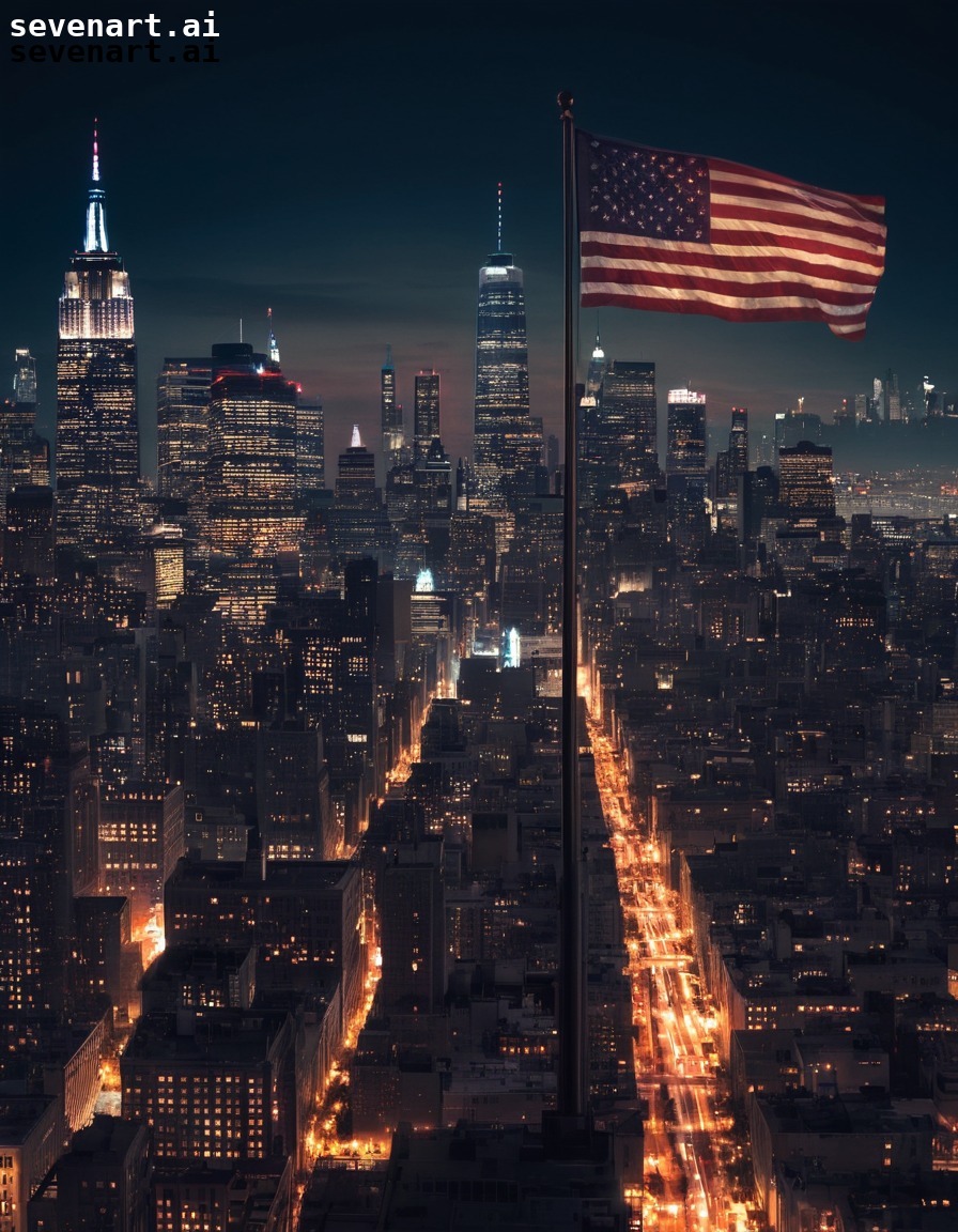 cityscape, skyline, american flag, patriotism, night view, usa