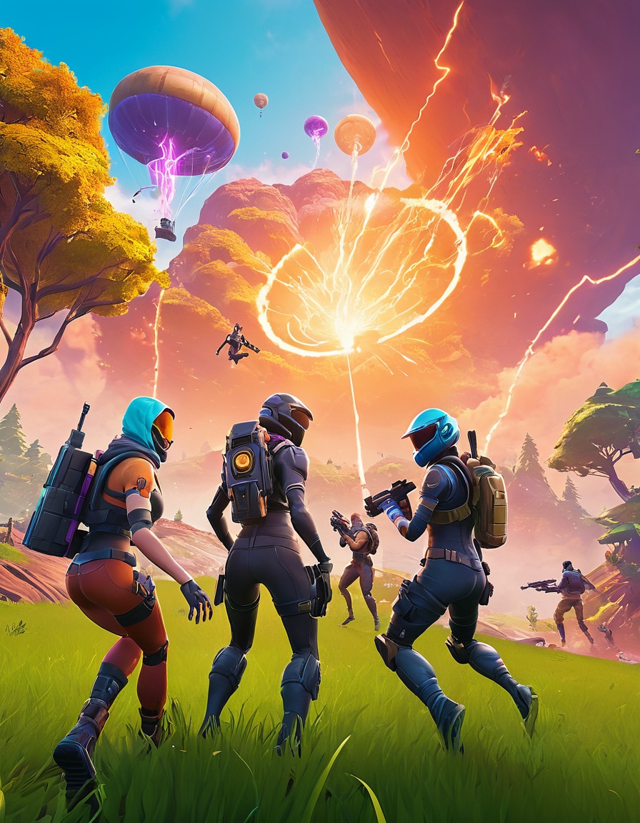 video games, fortnite, squad, players, battle, futuristic landscape, computer games