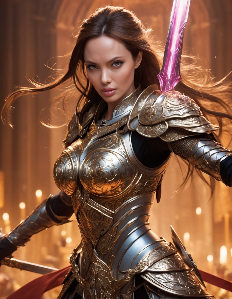 angelina jolie, anime warrior, armor, magical sword, anime