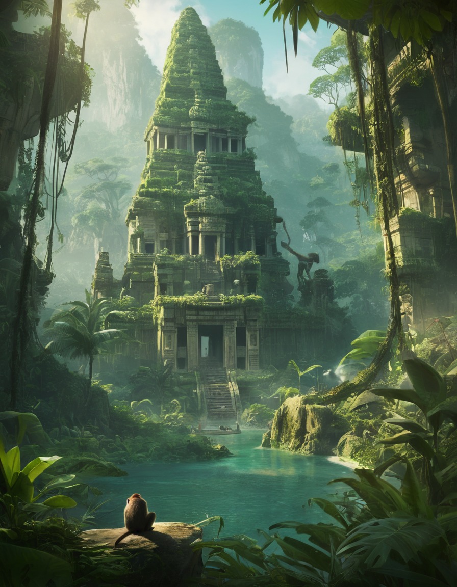 jungle, exotic plants, monkeys, hidden temples, ancient secrets, fantastic