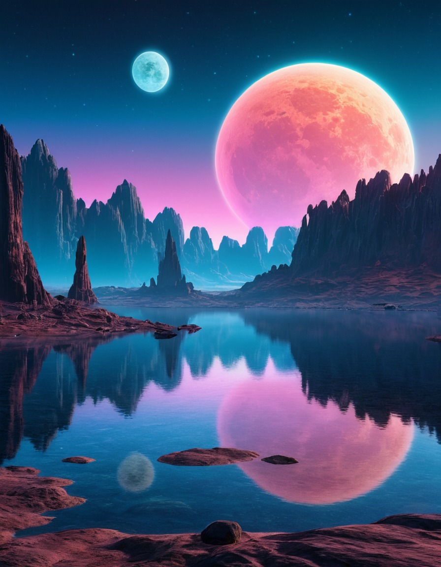 alien lake, double moons, serenity, extraterrestrial landscape, extraterrestrial, aliens