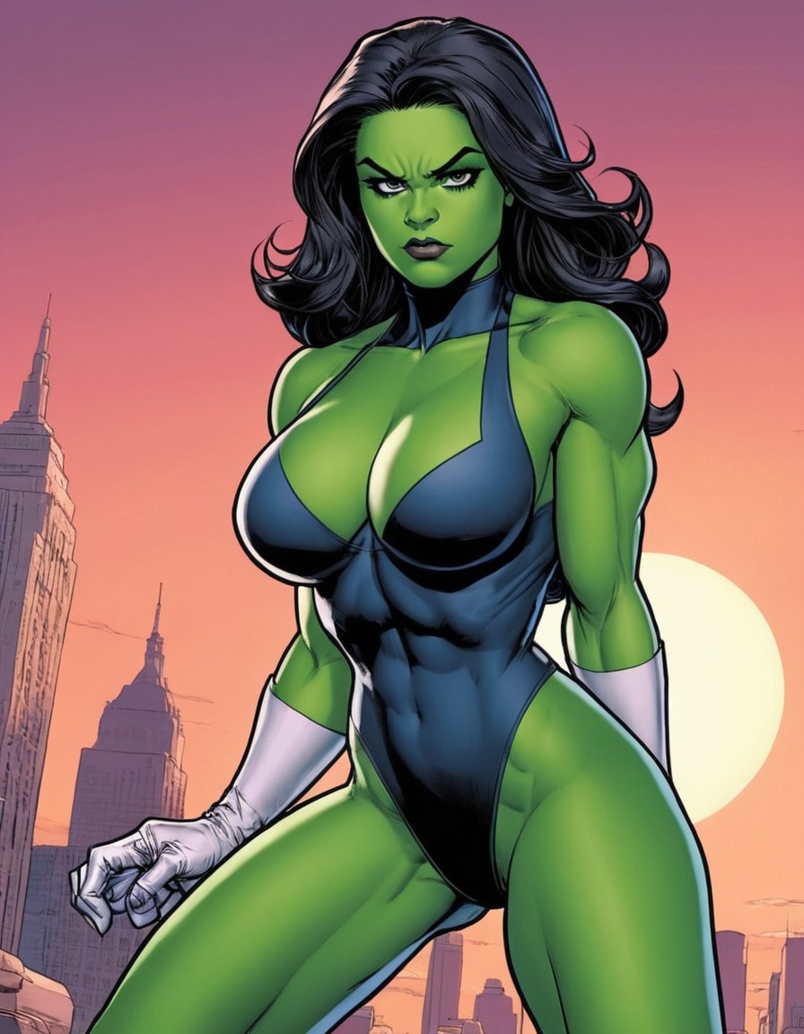 superhero, she-hulk, powerful, sexy pose, save the day, sexy, painted