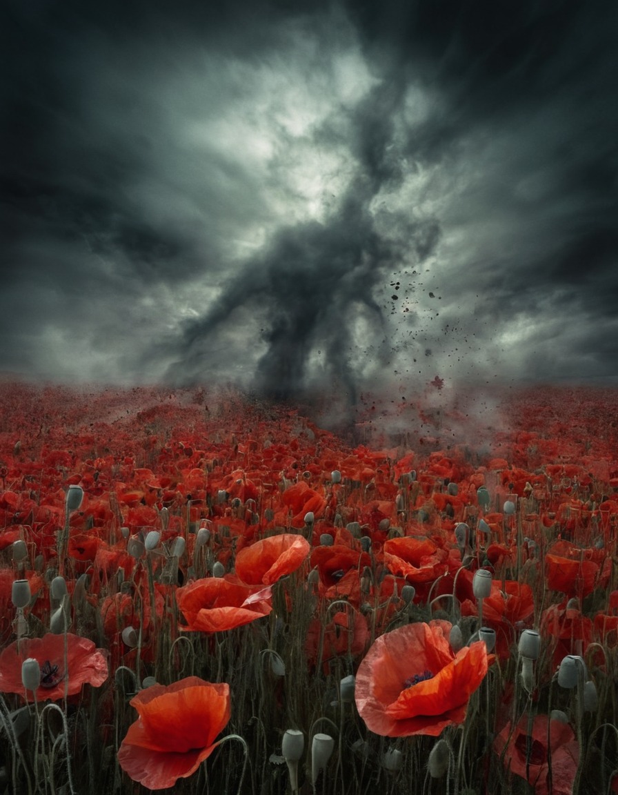 mystical, field, poppies, dreamlike, vapors