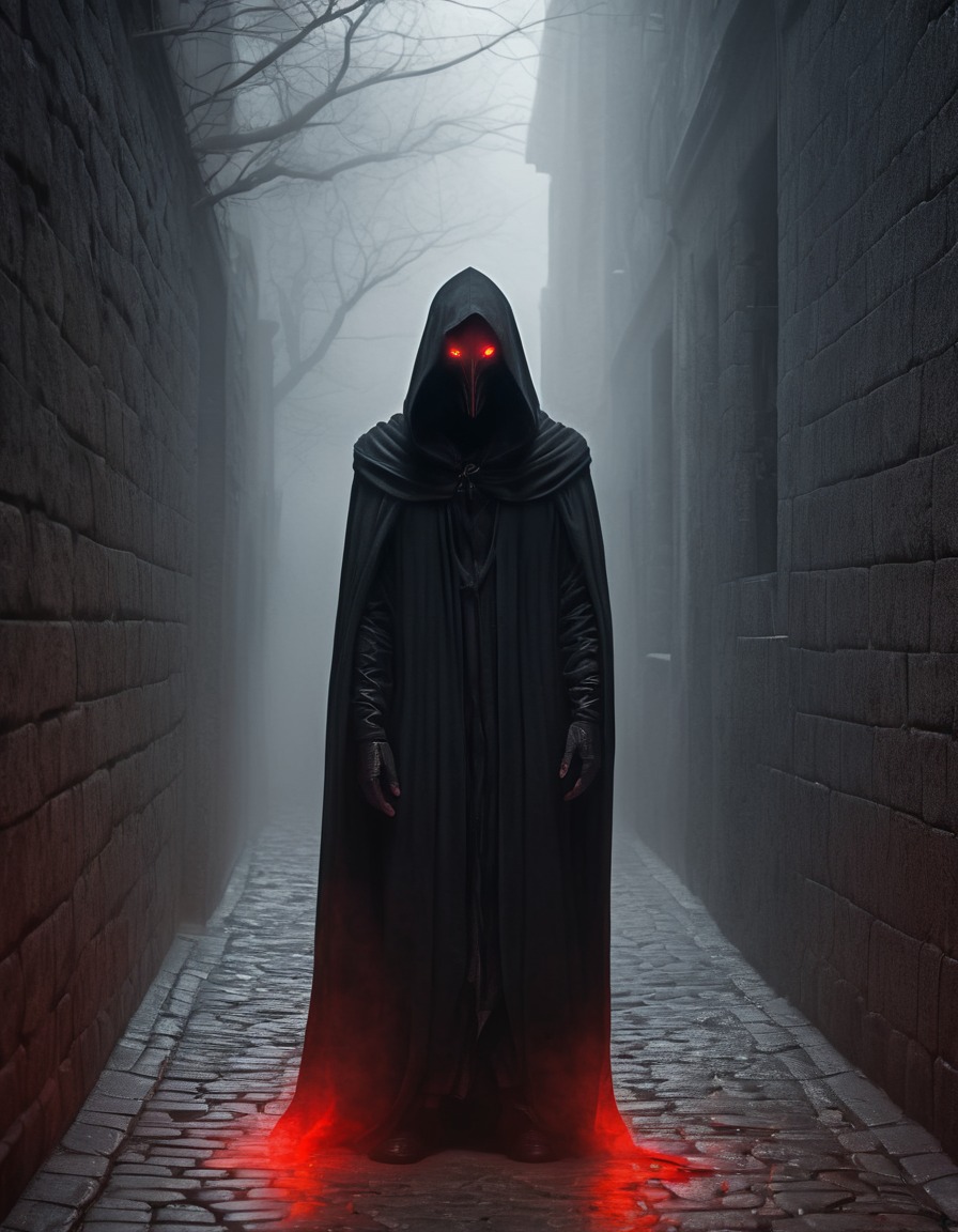 dark fantasy, mysterious, cloaked figure, red eyes, mysterious alleyway, gothic, underground, dark