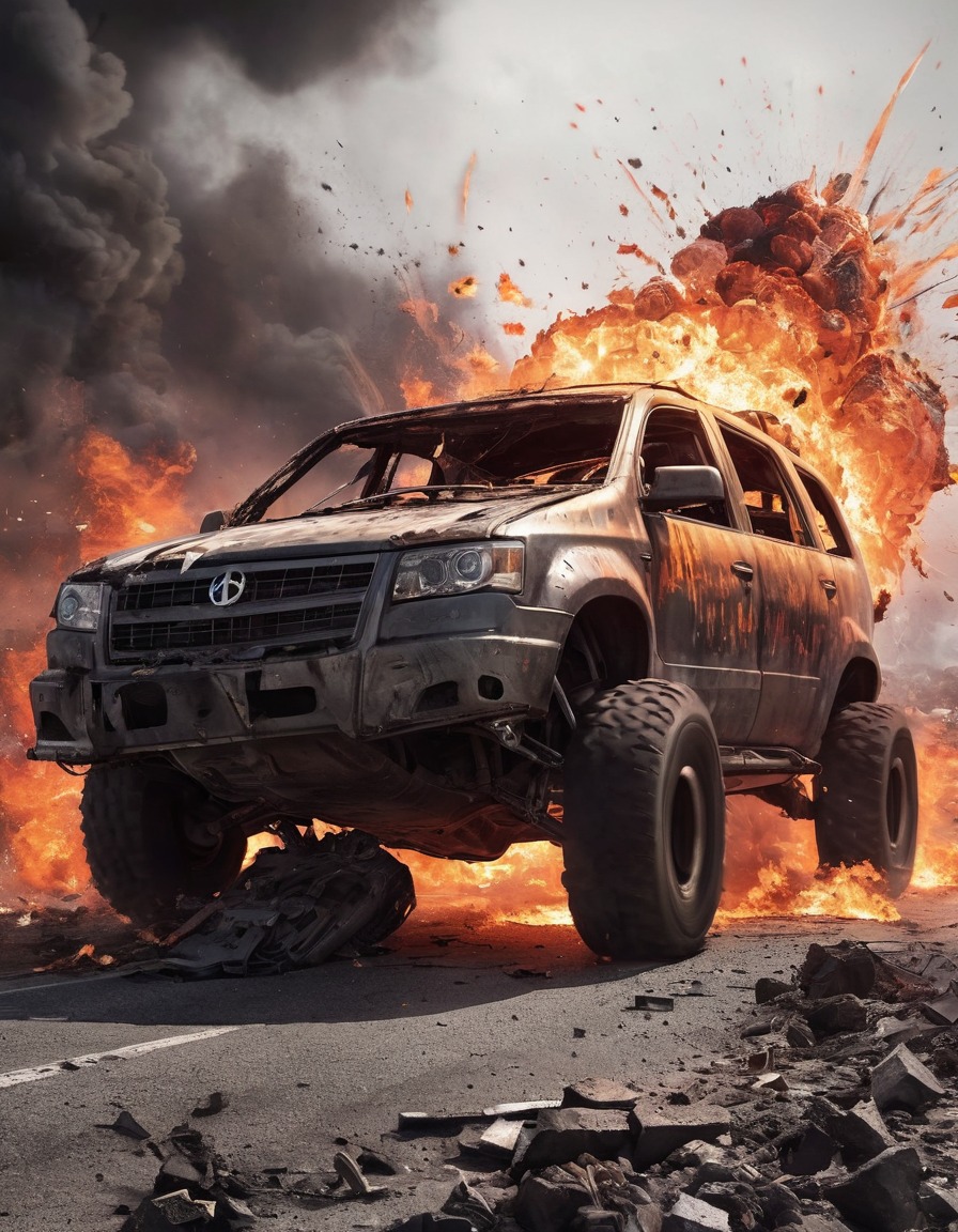 war, explosion, chaos, battle, vehicle crash, fiery explosion, mad max