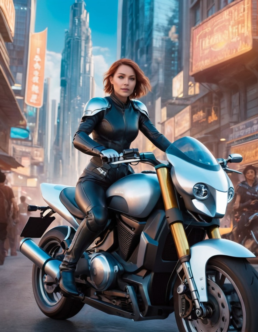 joan of arc, motorcycle, futuristic cityscape, fantasy, historical figure