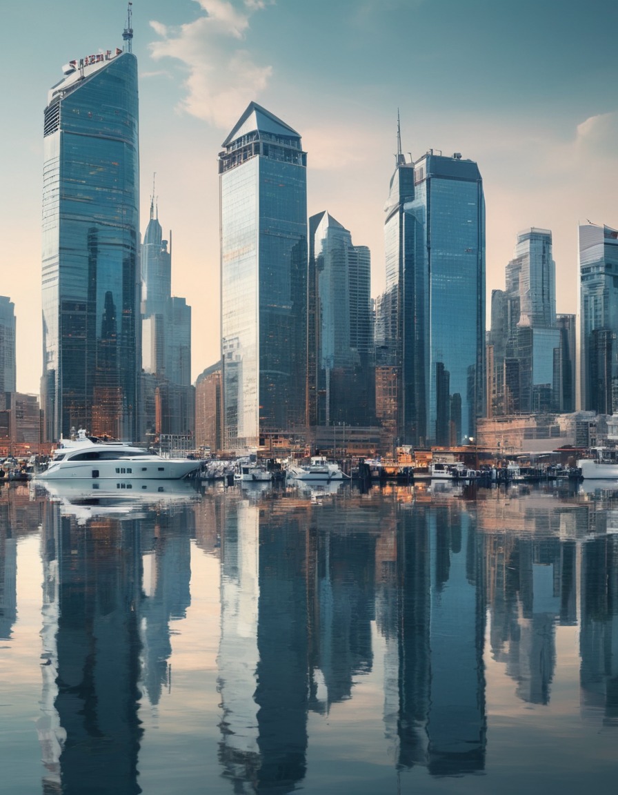 modern, waterfront, skyscrapers, reflection, harbor, modern city, city