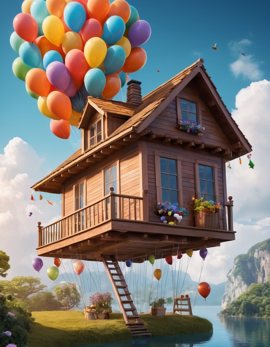 floating house, balloons, strange, architecture, unusual, aerial, adventure