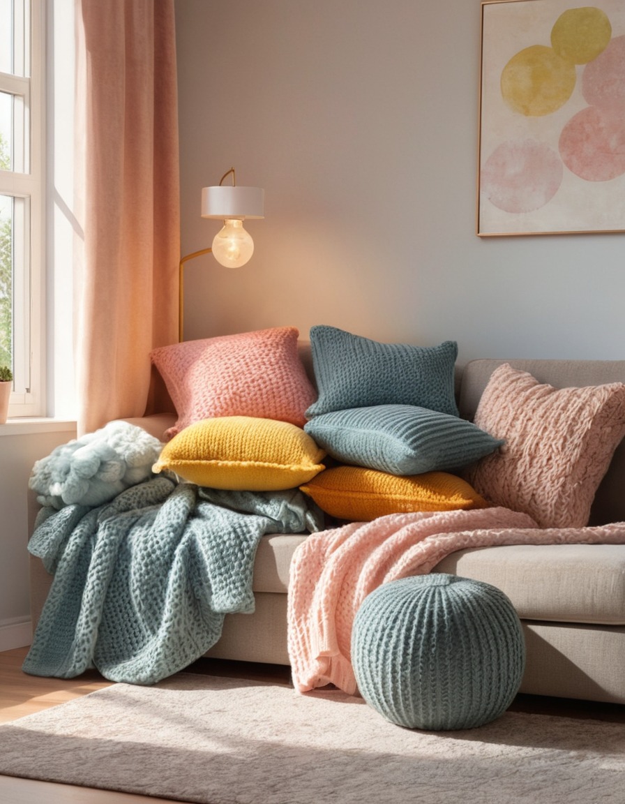 knitted blankets, plush pillows, sofa, sunlit room, home, interior