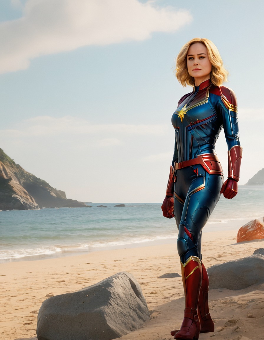 superhero, captain marvel, beach day, relaxation, summer, superheroine, bikini