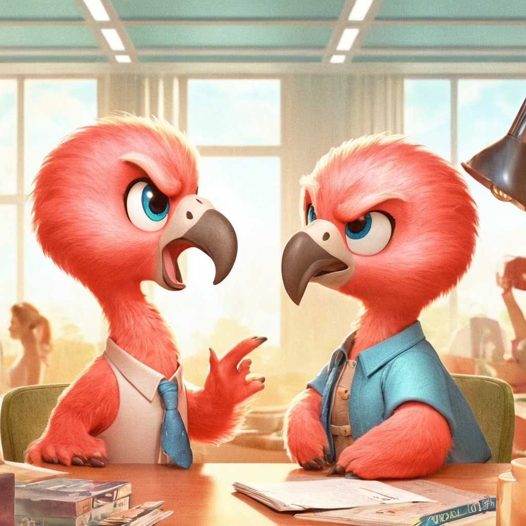 animal, bird, arguments, copilot, dalle3, fighting, flamingo, office, work, aiart