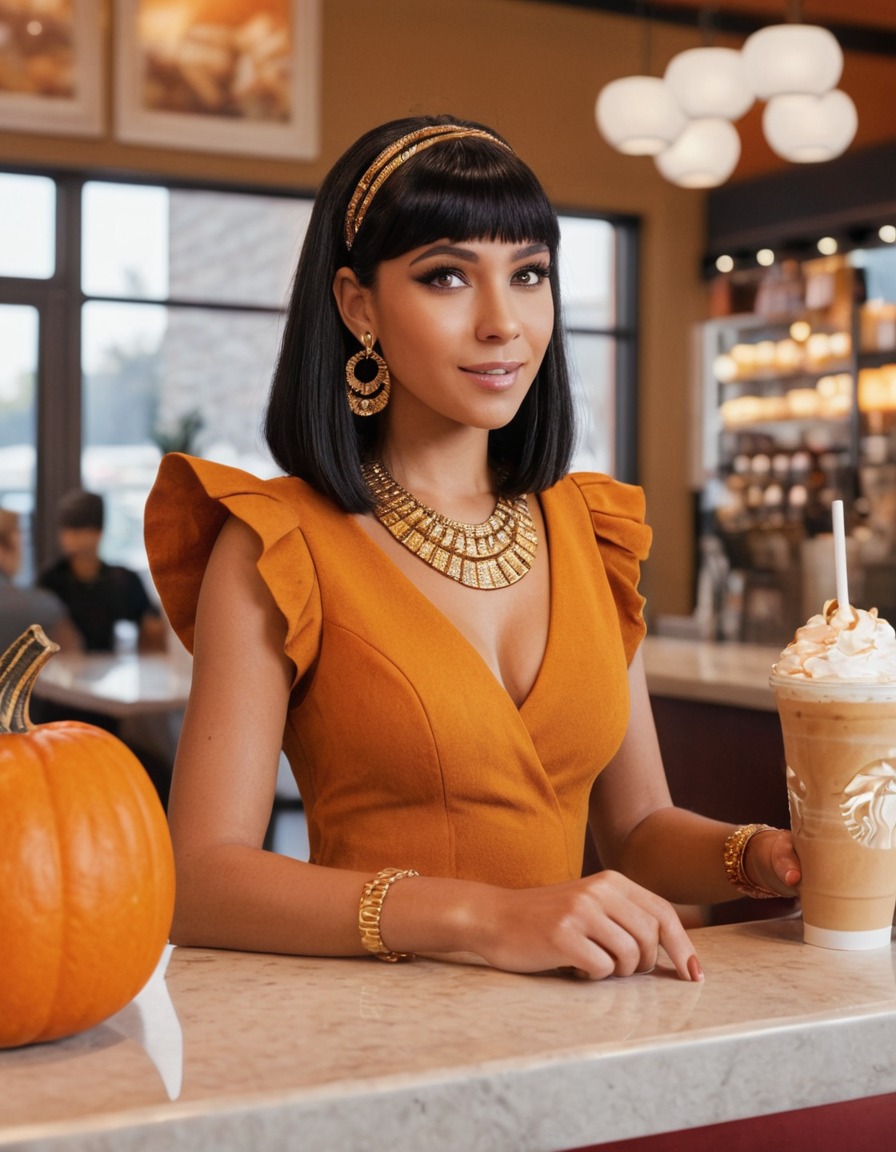 cleopatra, pumpkin spice latte, coffee shop, historical figure