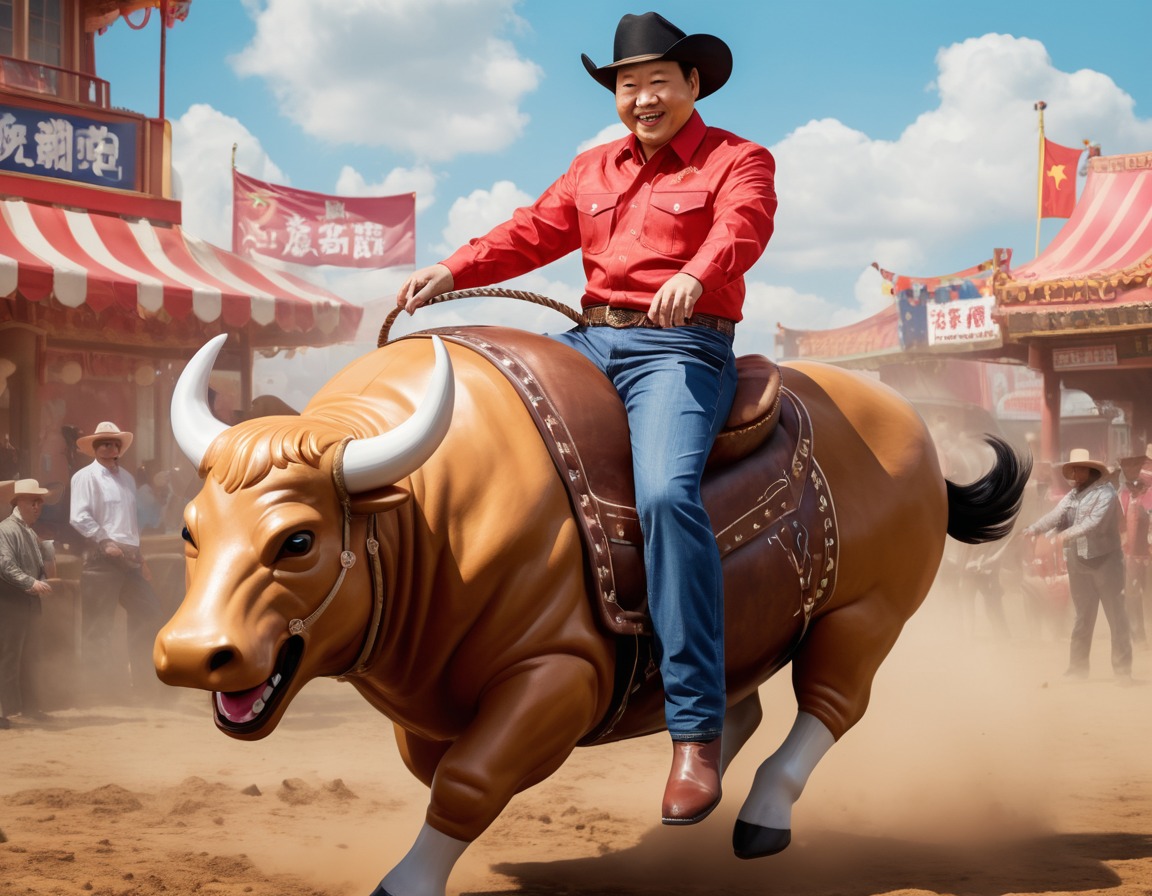 politics, humor, cowboy, mechanical bull, parody, xi jinping, china