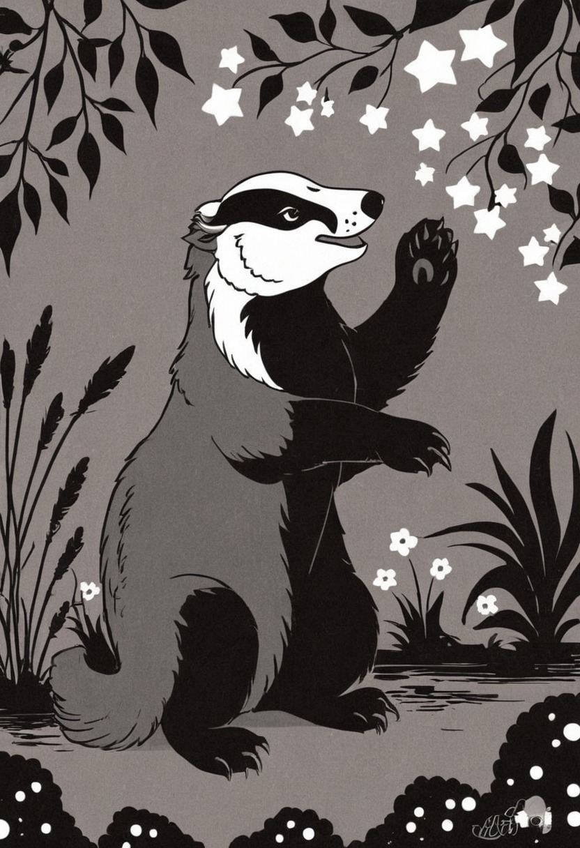 animal, animalart, badger, greyscale, markers, stars