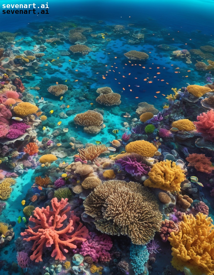 marine life, vibrant colors, coral reef, underwater ecosystem, aerial view