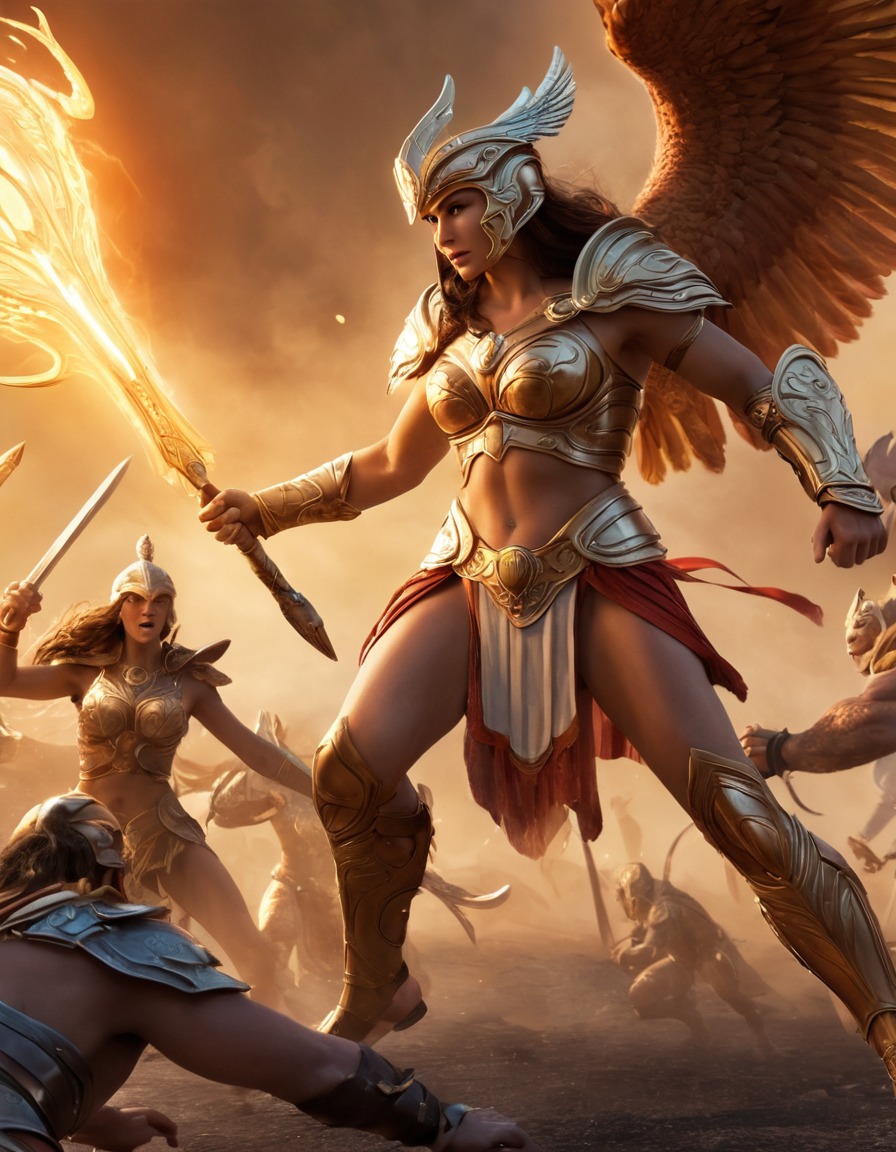 athena, epic, fight scene, monsters