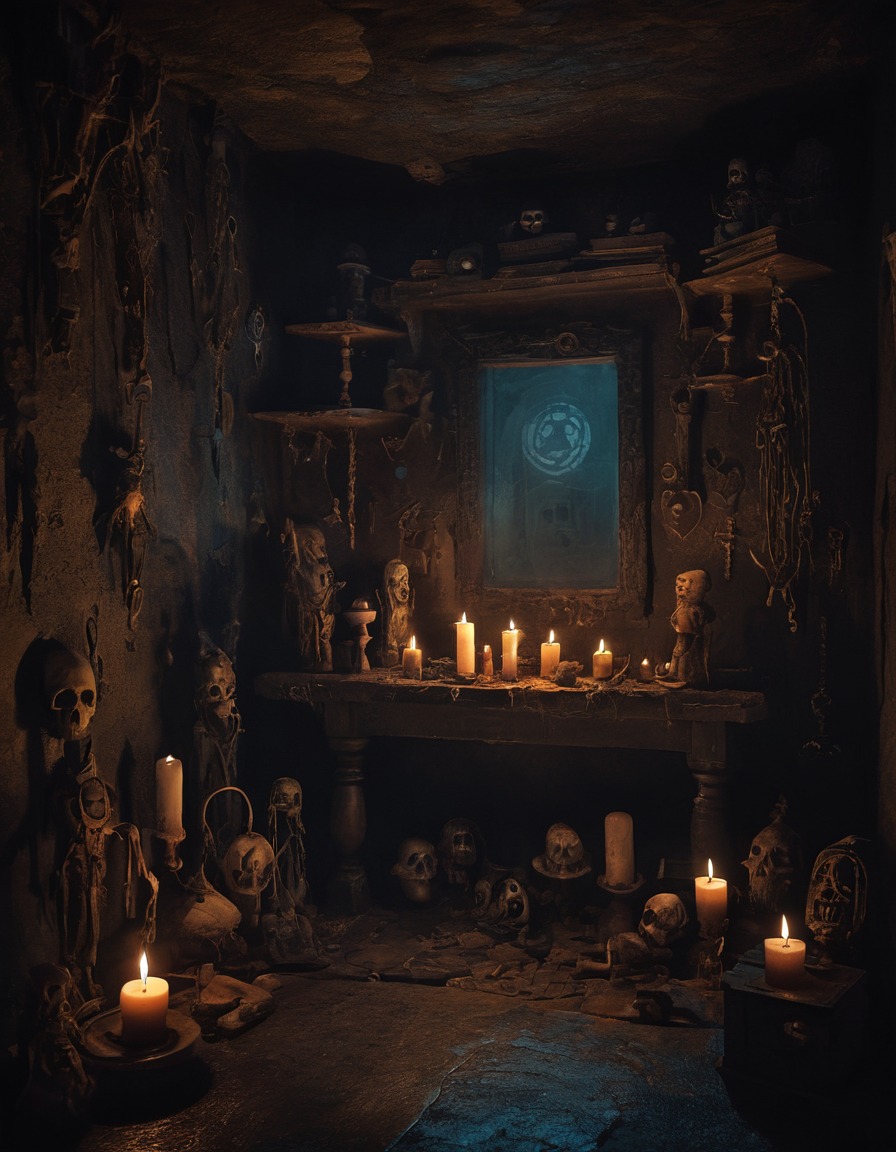 mystery, danger, candlelit, chamber, symbols, artifacts, gothic, underground, dark